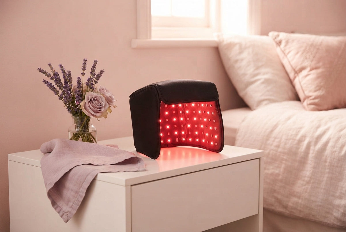 A black red light hair cap sitting on a bedside table in a room with blush pink and lavender decor.