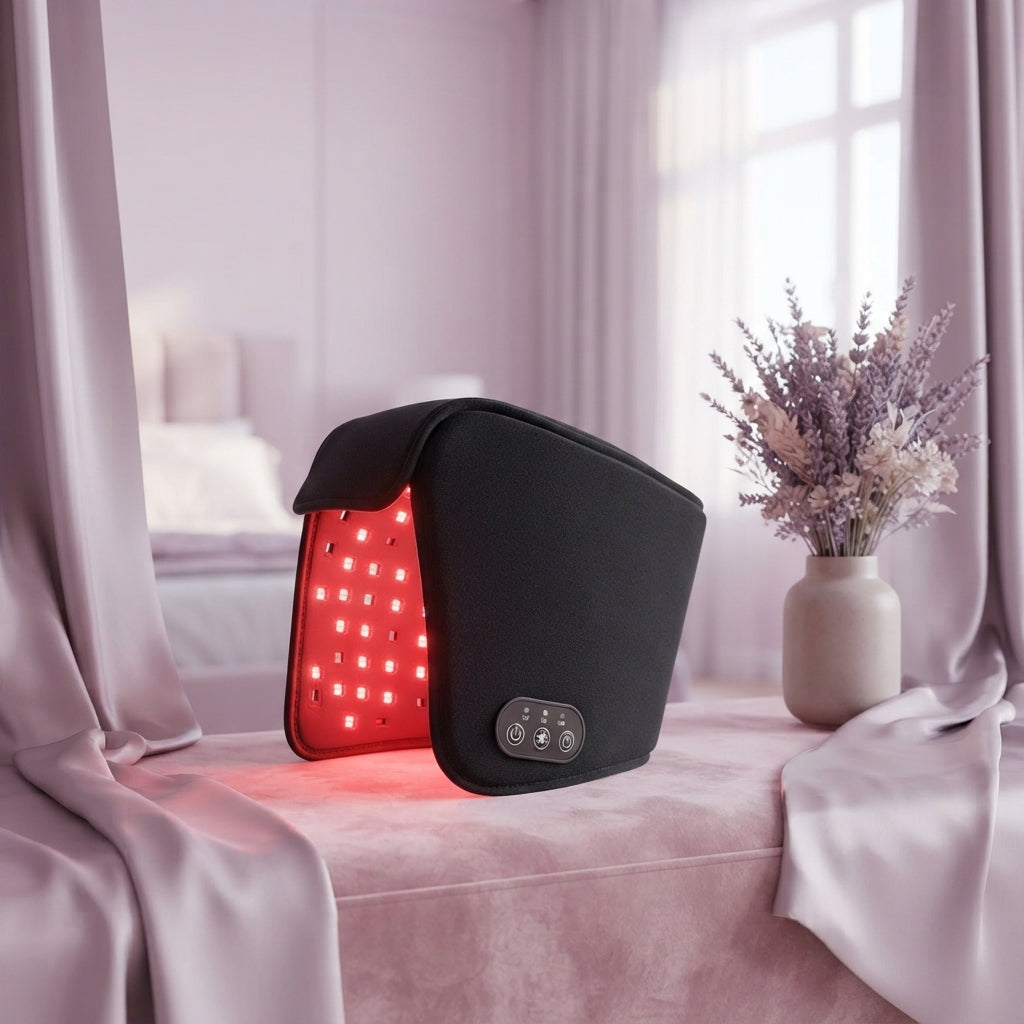 A black red light therapy hair cap sits on a blush pink fabric surface next to lavender florals in a modern bedroom.